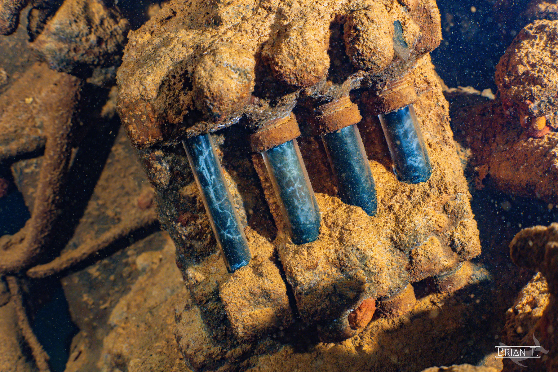 Rows of bottles and munitions in the hold of a Truk Lagoon wreck