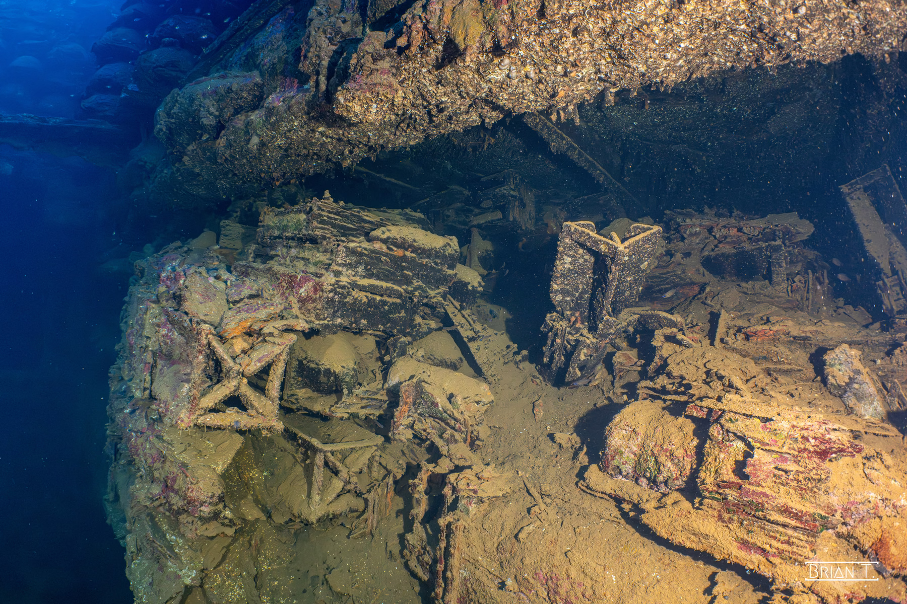 A coral-covered tank on a Truk Lagoon shipwreck