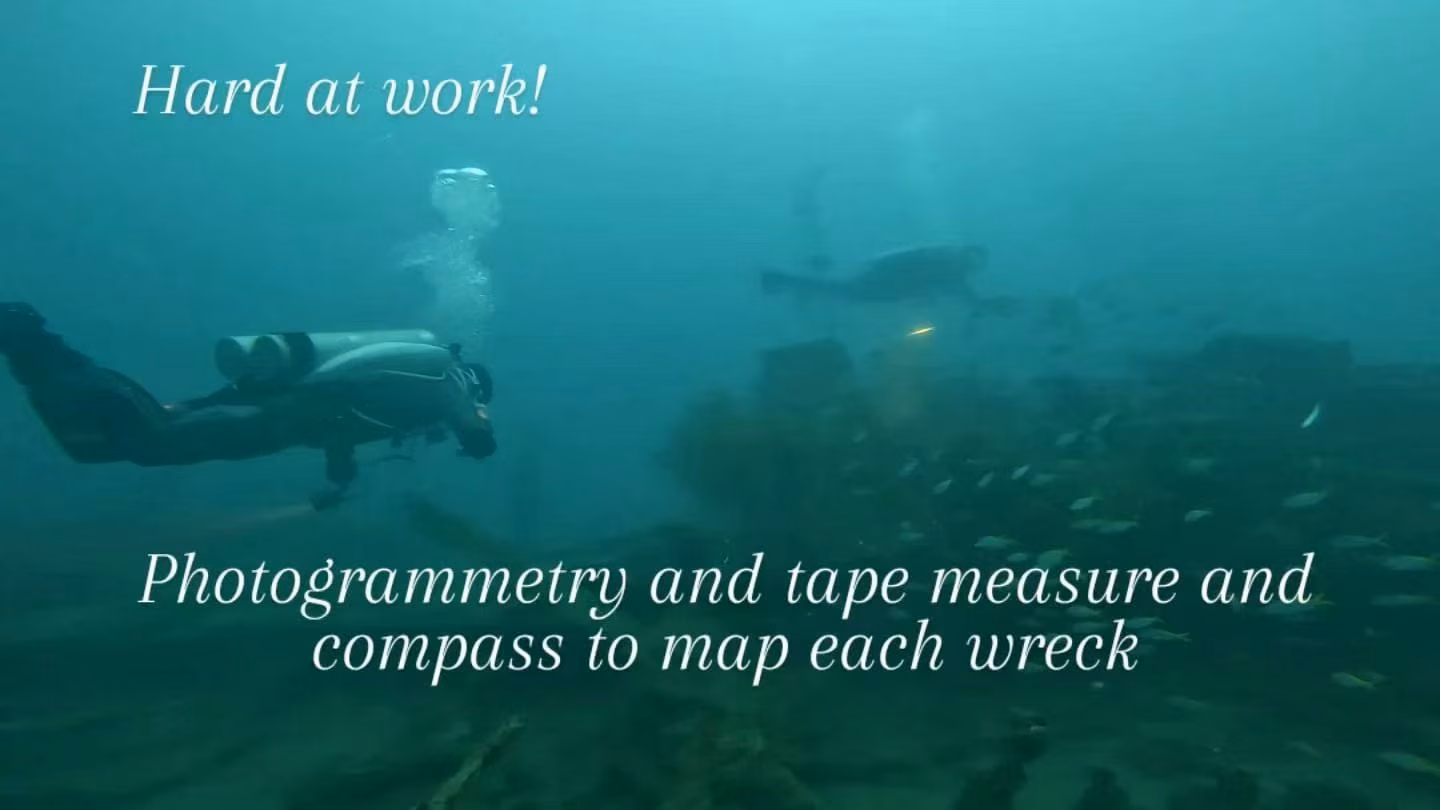 Diver surveying a wreck underwater using photogrammetry and tape measure