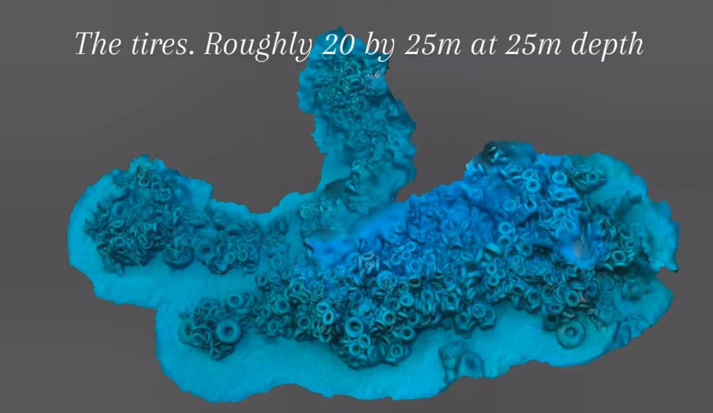 Tyre field photogrammetry model - 20 by 25m at 25m depth